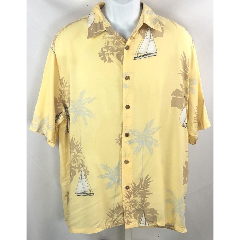 Vintage Hawaiian Shirt L yellow sailboat tropical button up rayon shortsleeve
